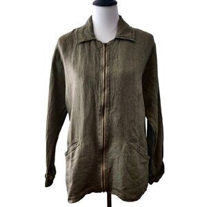 Flax Women Sz S Olive Green Brown Textured 100% Linen Full Zip Lagenlook Jacket